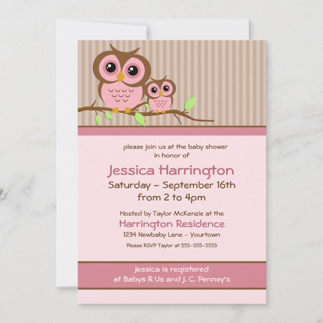Invitaciones a la ducha para bebés de búho rosado  (Anverso)