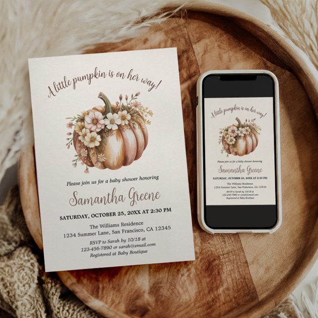 Invitaciones a la ducha para bebés de calabaza (A little pumpkin is on her way shower invite)