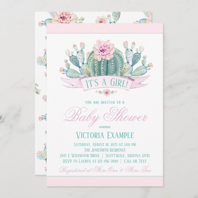 Invitaciones a la ducha para bebés de chica Cactus (Anverso / Reverso)