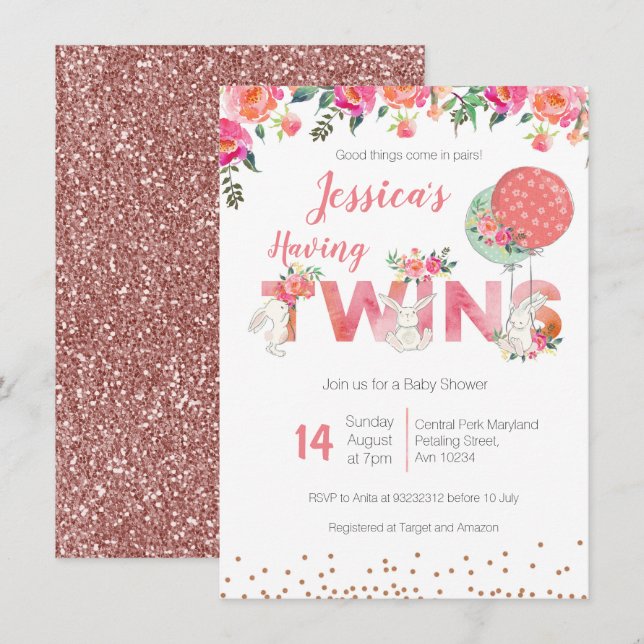 Invitaciones a la ducha para bebés de Chicas gemel (Anverso / Reverso)