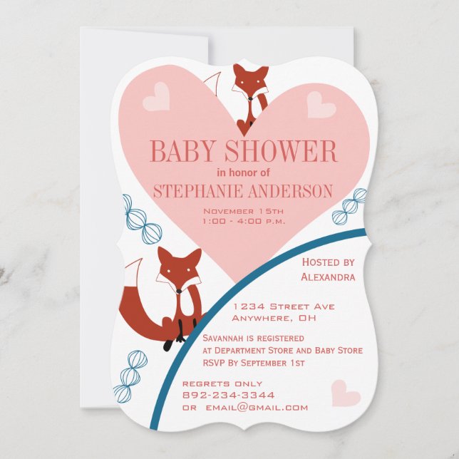 Invitaciones a la ducha para bebés de Fox y Hearts (Anverso)