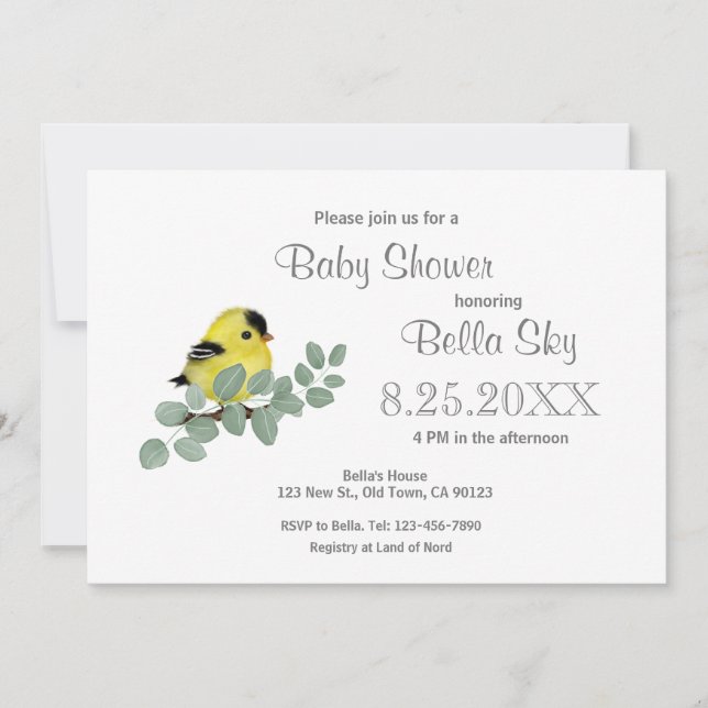 Invitaciones a la ducha para bebés de Goldfinch (Anverso)
