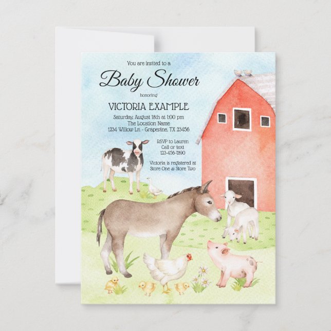 Invitaciones a la ducha para bebés de granja (Anverso)
