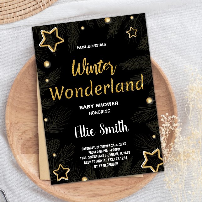 Invitaciones a la ducha para bebés de invierno Est (Winter Baby Shower Invitations Golden Star Black)