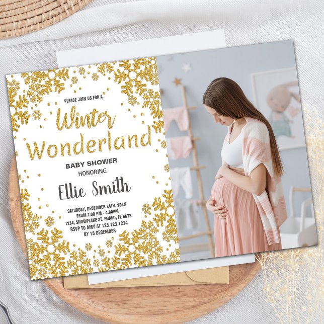 Invitaciones a la ducha para bebés de invierno Fot (Winter Baby Shower Invitations Golden Photo)