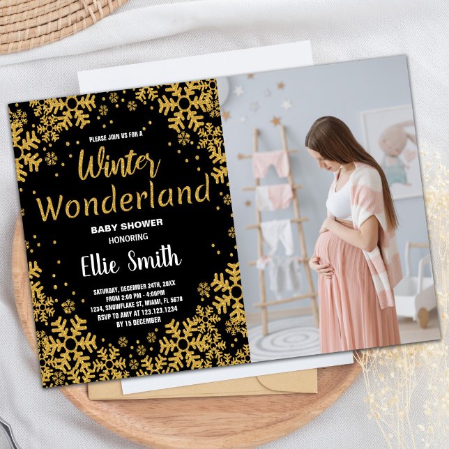 Invitaciones a la ducha para bebés de invierno Fot (Winter Baby Shower Invitations Golden Black Photo)