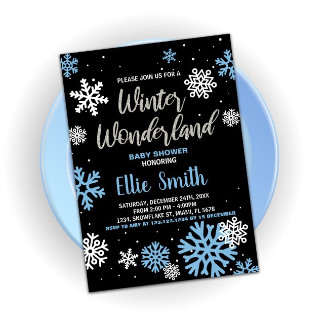 Invitaciones a la ducha para bebés de invierno Neg (Winter Baby Shower Invitations Blue Black)