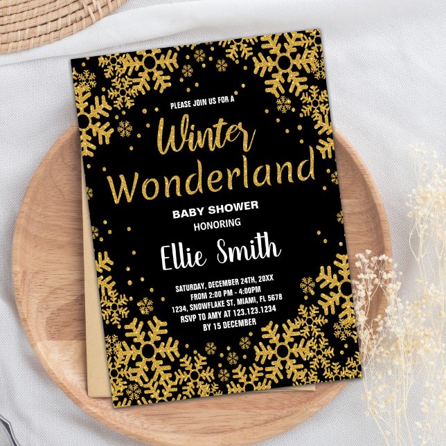 Invitaciones a la ducha para bebés de invierno Neg (Winter Baby Shower Invitations Golden Black)