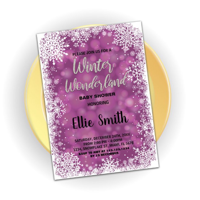 Invitaciones a la ducha para bebés de invierno Pla (Winter Baby Shower Invitations Purple Silver)