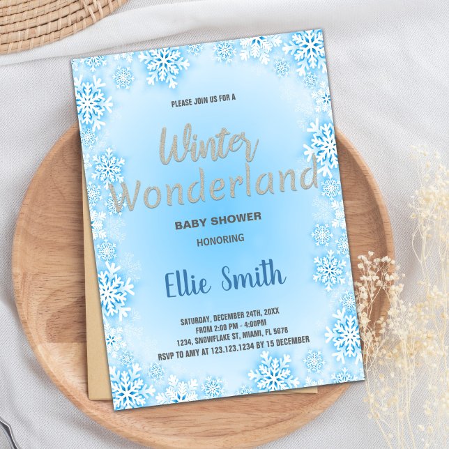 Invitaciones a la ducha para bebés de invierno Pla (Winter Baby Shower Invitations Blue Snow Silver)
