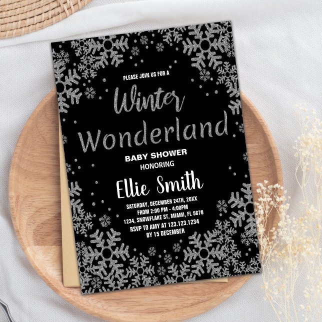 Invitaciones a la ducha para bebés de invierno Pla (Winter Baby Shower Invitations Black Silver)
