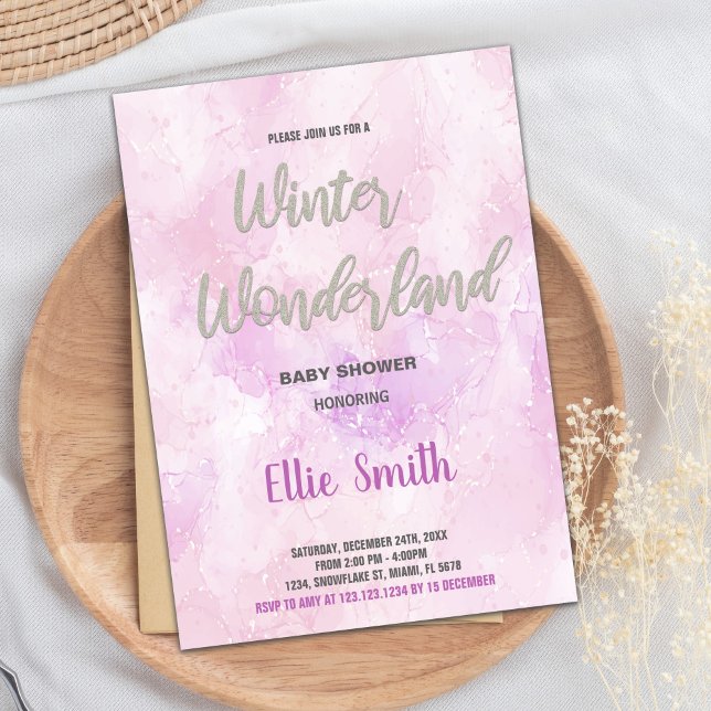 Invitaciones a la ducha para bebés de invierno Pur (Winter Baby Shower Invitations Pink Glitter Silver)