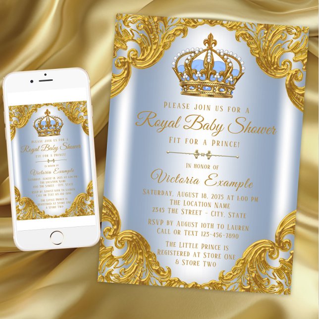 Invitaciones a la ducha para bebés de Prince y Blu (Baby Blue Gold Prince Baby Shower Invitations. Instant download and printed invitations available.)