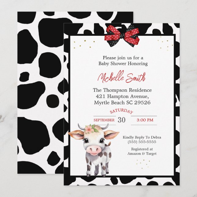 Invitaciones a la ducha para bebés de vaca blanca  (Anverso / Reverso)