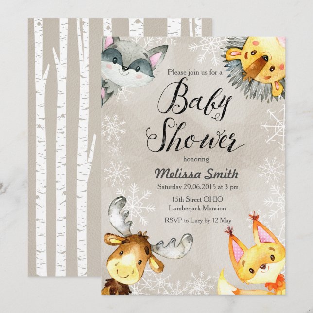 Invitaciones a la ducha para bebés de Woodland Ani (Anverso / Reverso)