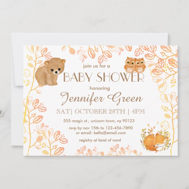 Invitaciones a la ducha para bebés de Woodland Bea (Anverso)
