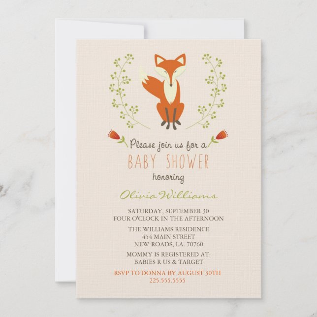 Invitaciones a la ducha para bebés de Woodland Fox (Anverso)