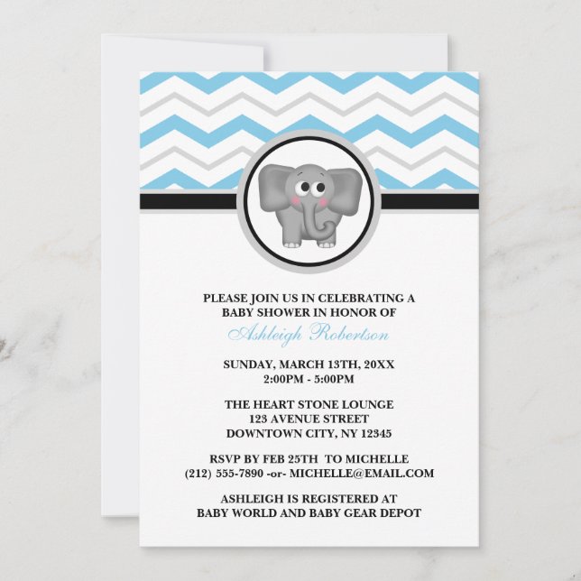 Invitaciones a la ducha para bebés elefante azul g (Anverso)