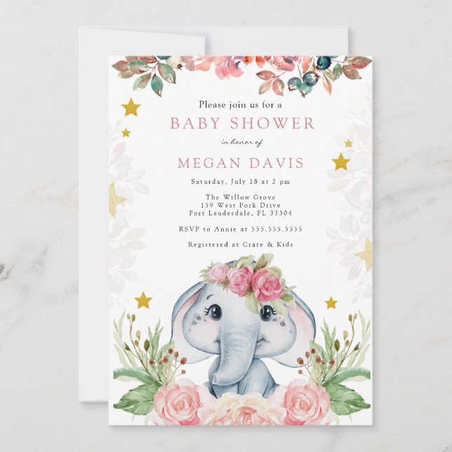 Invitaciones a la ducha para bebés elefantes Flor  (Anverso)