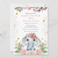 Invitaciones a la ducha para bebés elefantes Flor 
