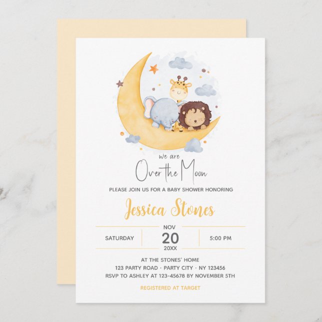 Invitaciones a la ducha para bebés en la luna (Anverso / Reverso)