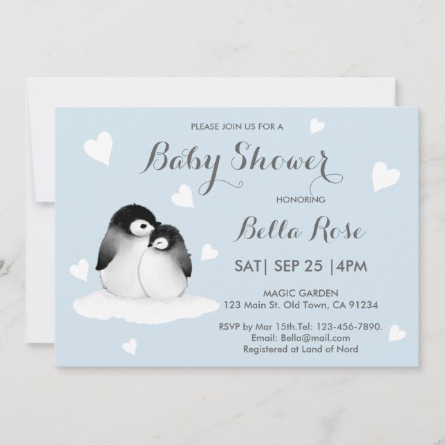 Invitaciones a la ducha para bebés pingüinos del c (Anverso)