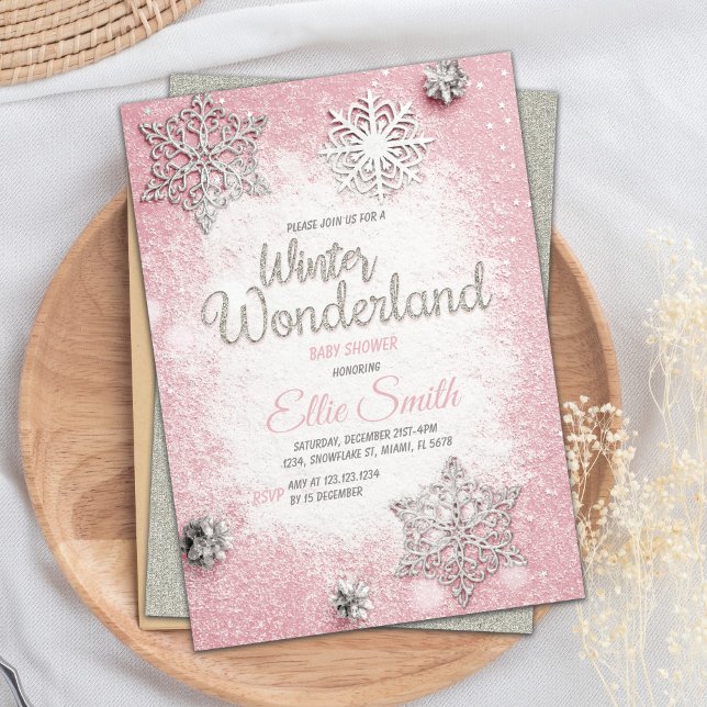 Invitaciones a la ducha para bebés Purpurina de pl (Pink Silver Glitter Winter Baby Shower Invitations)