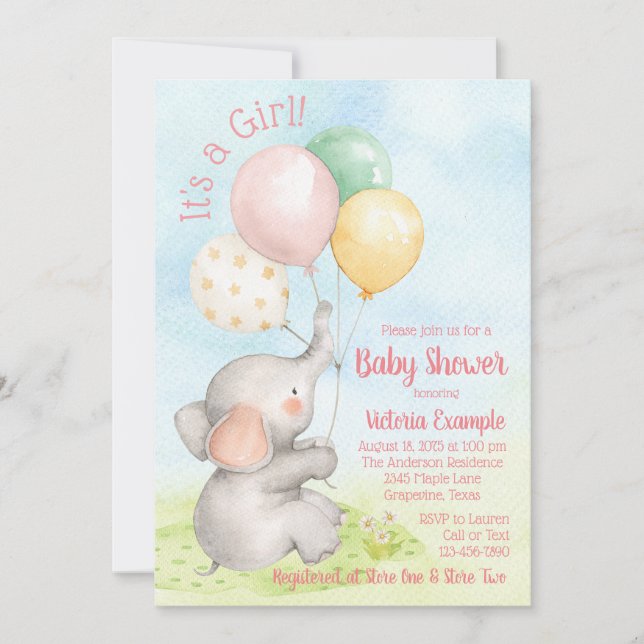 Invitaciones a la ducha para la bebé de elefante d (Anverso)