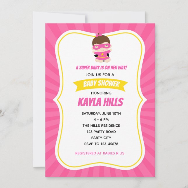 Invitaciones a la ducha para niñas (superheroína)  (Anverso)
