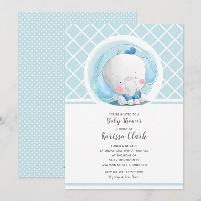Invitaciones a la ducha para niños con Elefante Az (Anverso / Reverso)