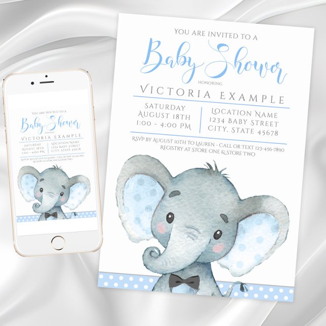 Invitaciones a la ducha para niños con elefante li (Cute boy elephant baby shower invitation. Instant download and printed invitations available.)