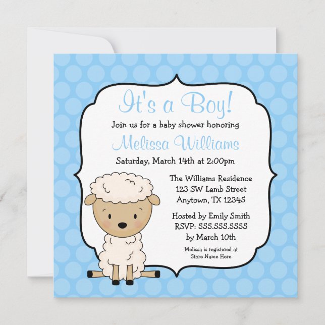Invitaciones a la ducha para niños con puntos azul (Anverso)