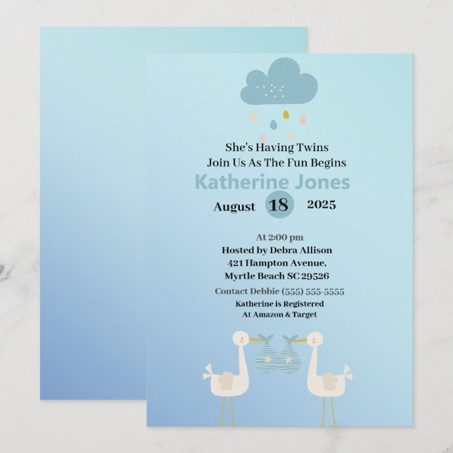 Invitaciones a la ducha para niños gemelos Stork B (Anverso / Reverso)