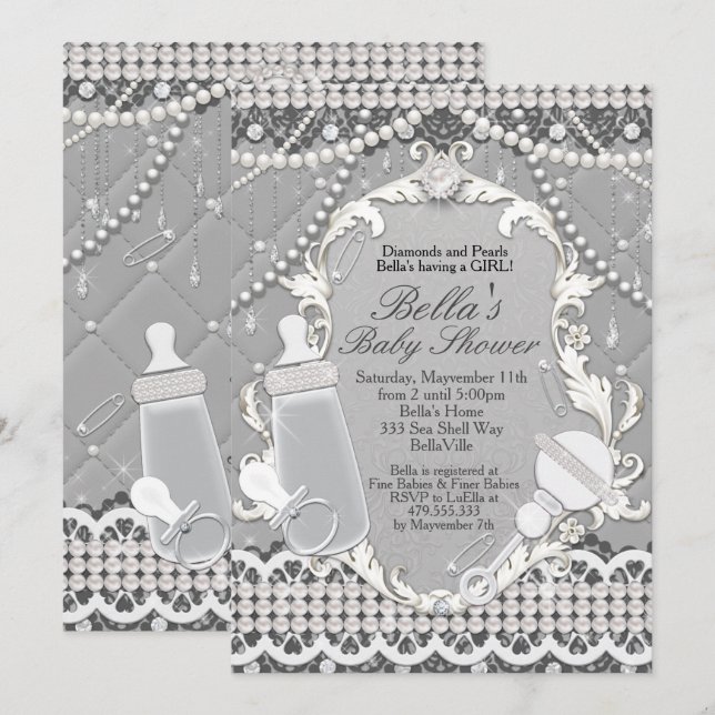 Invitaciones a la ducha Pearl Bling Baby (Anverso / Reverso)