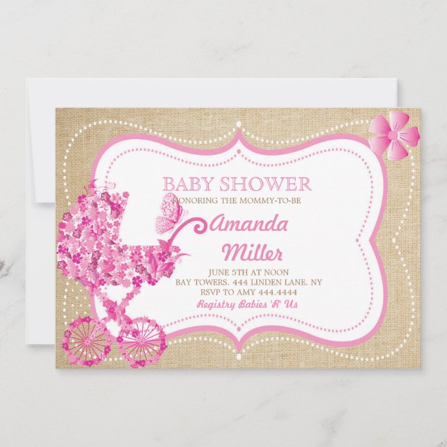 Invitaciones a la ducha Rustic Spring Floral Pram  (Anverso)