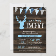 Invitaciones a la ducha Rustic Wood Blue Deer Boy 