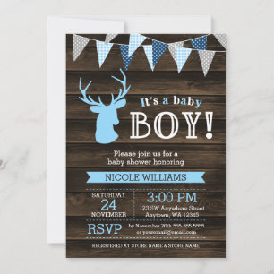 Invitaciones a la ducha Rustic Wood Blue Deer Boy 