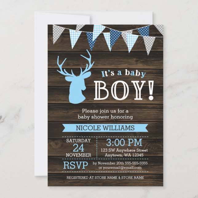 Invitaciones a la ducha Rustic Wood Blue Deer Boy  (Anverso)