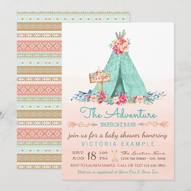 Invitaciones a la ducha TeePee Baby chicas (Anverso / Reverso)