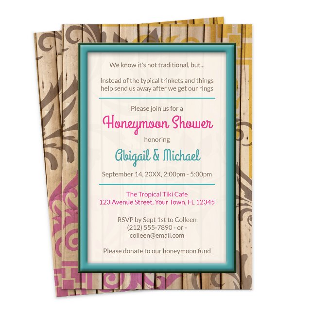 Invitaciones a la ducha Tropical Tiki Wood de luna (Tropical Tiki Wood Honeymoon Shower Invitations from Starzraven on Zazzle. )