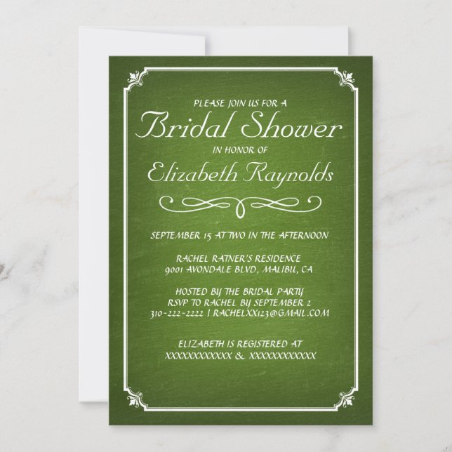 Invitaciones a la ducha verde de novia Chalkboard  (Anverso)