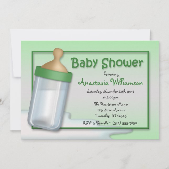 Invitaciones a la ducha verde para bebés con botel (Anverso)
