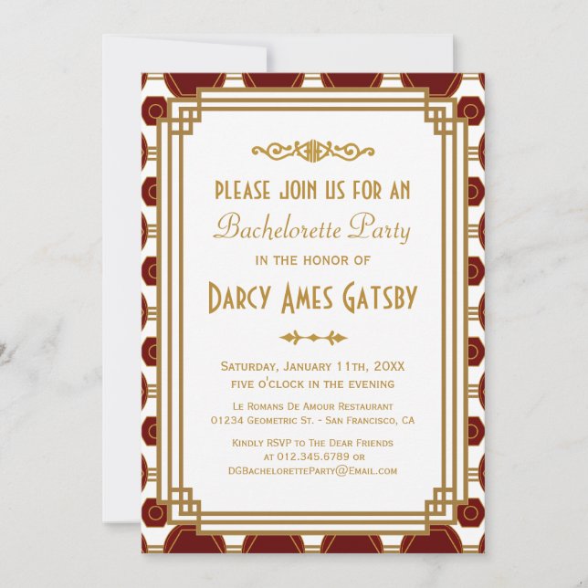 Invitaciones a la fiesta de Bachelorette Art Deco (Anverso)