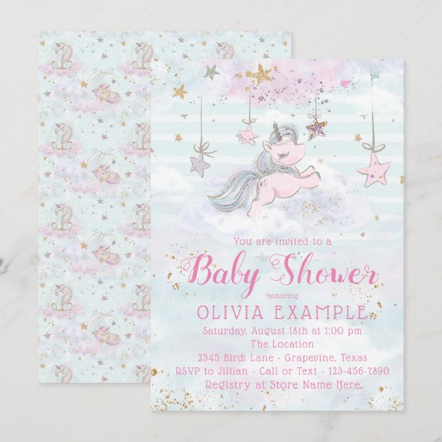 Invitaciones a la fiesta de bebé niña Unicornio (Anverso / Reverso)