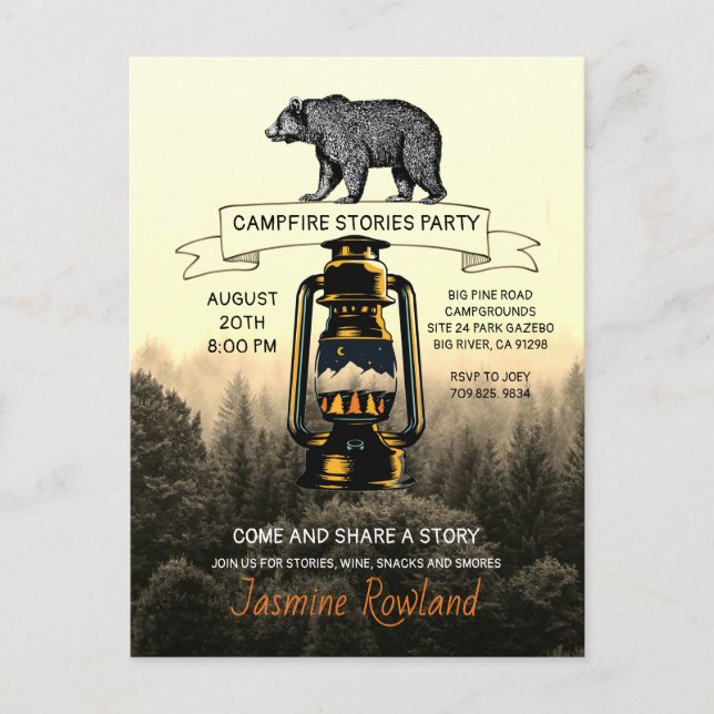 Invitaciones a la fiesta de bomberos de oso rústic (Anverso)