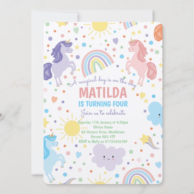 Invitaciones a la fiesta de bonito de Unicornios (Anverso)