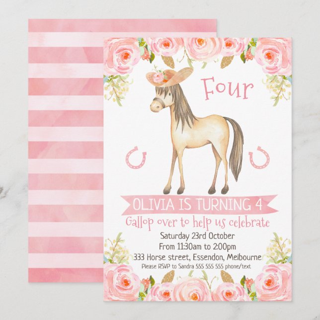 Invitaciones a la fiesta de caballos para el chica (Anverso / Reverso)