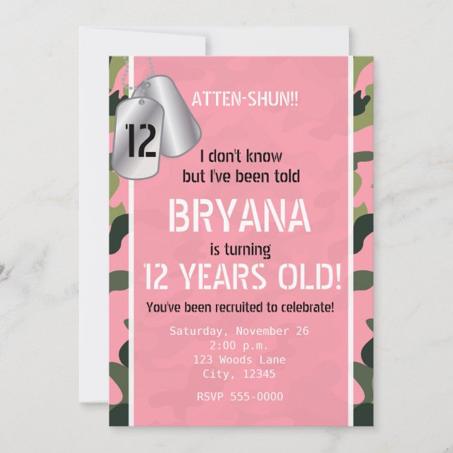 Invitaciones a la fiesta de camuflaje de las etiqu (Anverso)