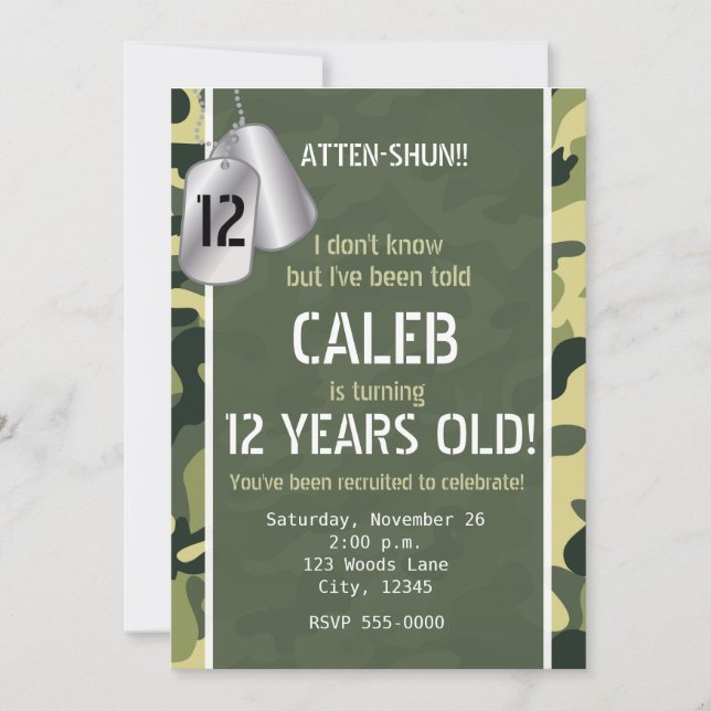 Invitaciones a la fiesta de camuflaje de las etiqu (Anverso)
