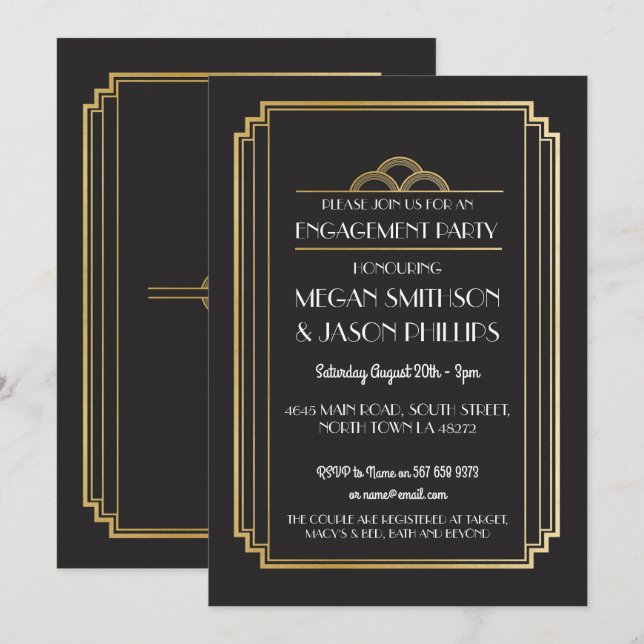 Invitaciones a la fiesta de compromiso Art Deco Go (Anverso / Reverso)